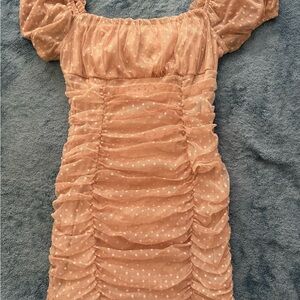 Orange Ruched Bodycon Midi Dress with Puff Sleeves